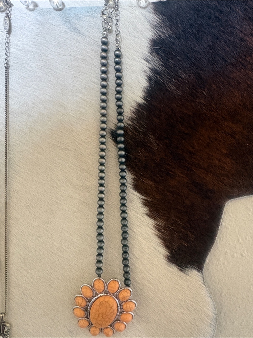 Boho Orange Flower Pendant Necklace with Dark Beads